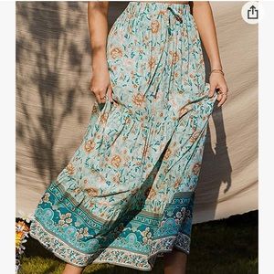 Boho Floral Flowy Ruffle Beach Maxi Skirt w/ Elastic Waist; Size: M, Color: Blue